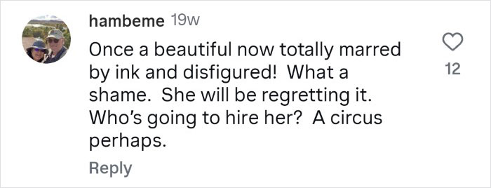 Comment on social media post criticizing a tattooed woman who cut off her nose and preserved it in a jar.