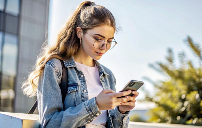 Young woman wearing glasses and denim jacket texting on smartphone outside, related to 43YO texts former student topic.