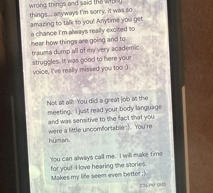 Text message screenshot showing a 43YO texting former student with sensitive and personal messages shared by partner.