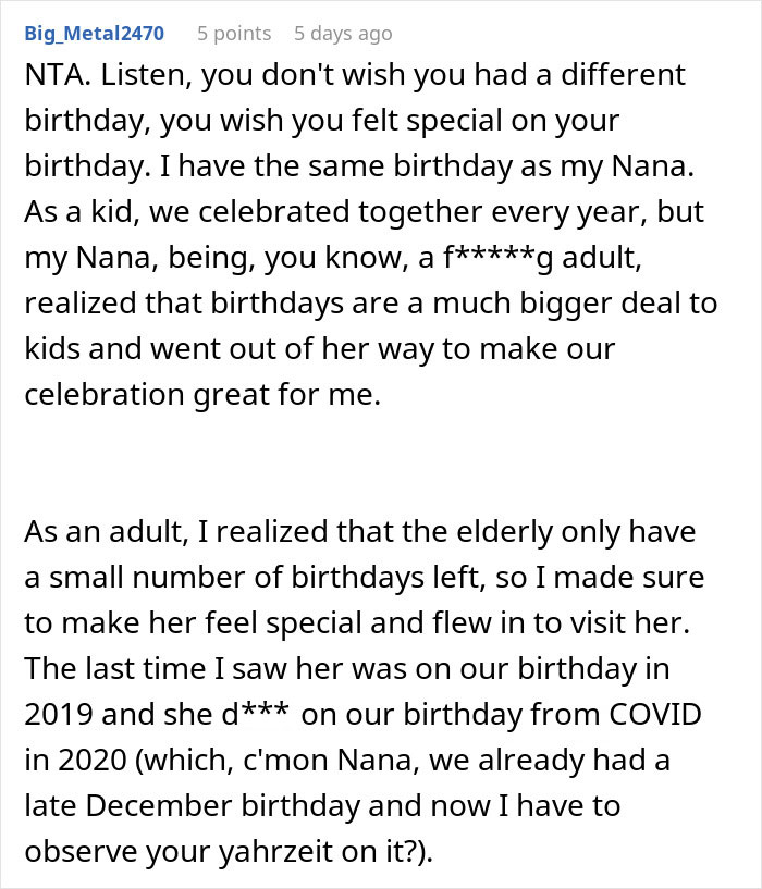 Teen vents about sharing birthday with grandma while aunt overhears and drama unfolds in family conversation thread.