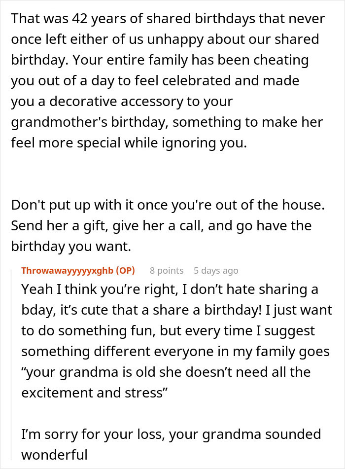 Text conversation about a 17YO venting on sharing a birthday with grandma and family drama caused by an aunt overhearing.