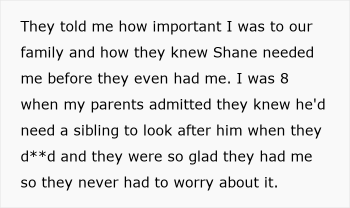 Text about parents admitting they had another baby to care for their disabled son and his feelings of anger. Text about parents admitting they had another baby to care for their disabled son and his feelings of anger.