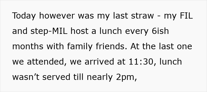 Text excerpt describing frustration at family dinners, highlighting mom refusing to attend after being ignored by in-laws. Text excerpt describing frustration at family dinners, highlighting mom refusing to attend after being ignored by in-laws.