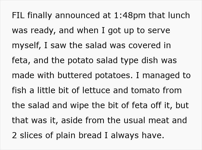 Text excerpt describing frustration at family dinner, reflecting a mom refusing to attend more family dinners after being ignored by in-laws. Text excerpt describing frustration at family dinner, reflecting a mom refusing to attend more family dinners after being ignored by in-laws.