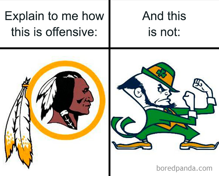 Meme comparing offensive and non-offensive cultural mascots, illustrating how memes reveal personal views and provoke debate.