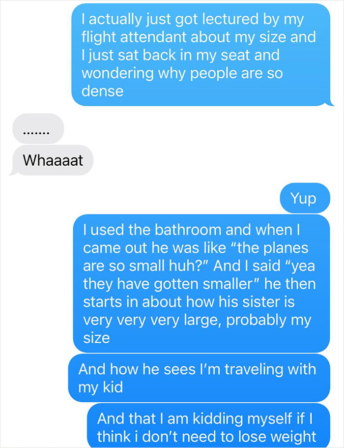 Text messages showing a plus-size model describing fat-shaming by a flight attendant mid-flight sparking debate.