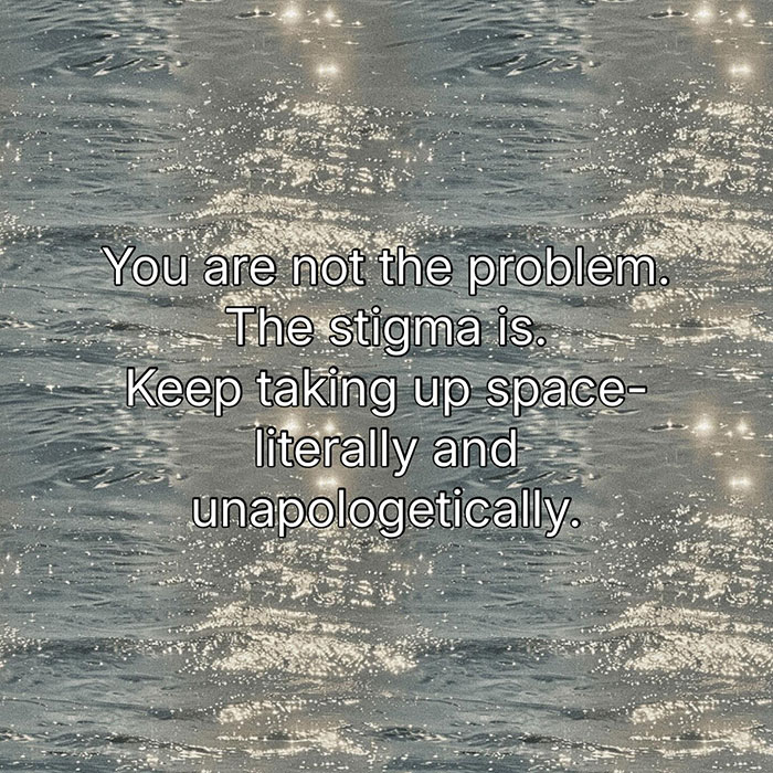 Inspirational quote on water background addressing stigma and empowering plus-size model confidence mid-flight.