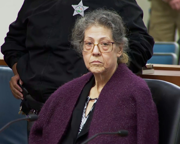 Woman with glasses and purple shawl in courtroom setting, related to Netflix&rsquo;s The Perfect Neighbor disturbing true story.