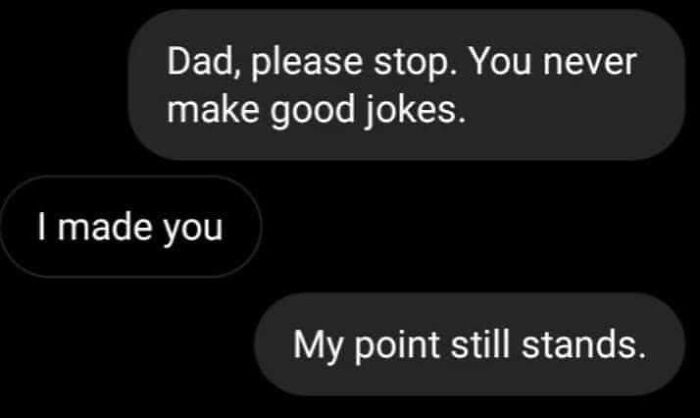 Text message meme with a dad making a bad joke and a relatable funny response in a dark themed chat.