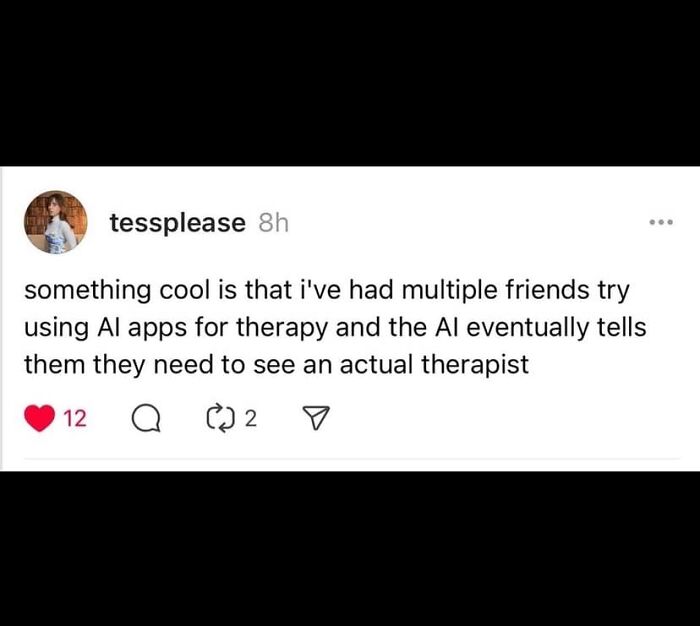 Screenshot of a relatable meme about AI therapy apps recommending seeing an actual therapist shared on memes page.