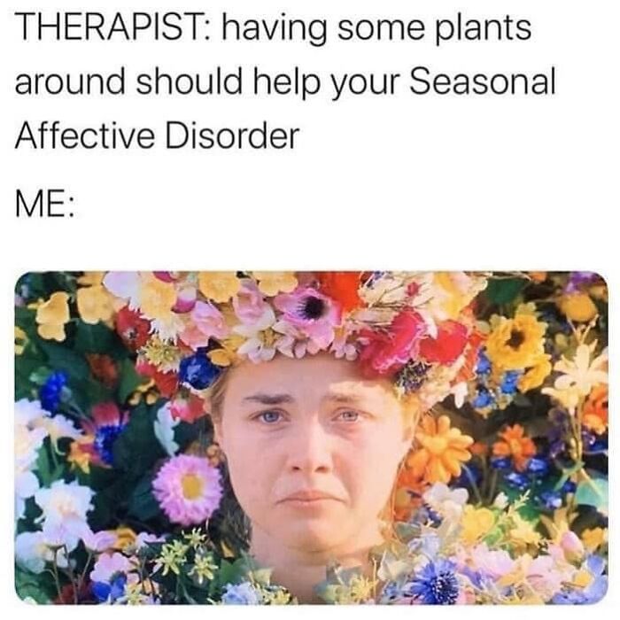 Person wearing a large colorful flower crown looking sad, representing a funny and relatable meme about therapy and seasonal affective disorder.