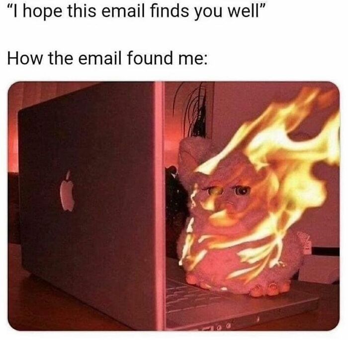 Funny and relatable meme showing a fiery Furby doll behind a laptop, illustrating a stressful email scenario.