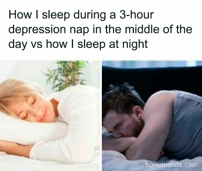 Side-by-side memes showing funny and relatable sleep differences during depression naps versus nighttime rest.