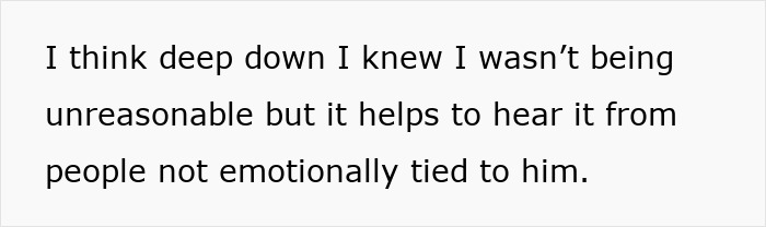 Text on a white background expressing relief in hearing someone&rsquo;s perspective about a tired mom and let down useless dad situation.