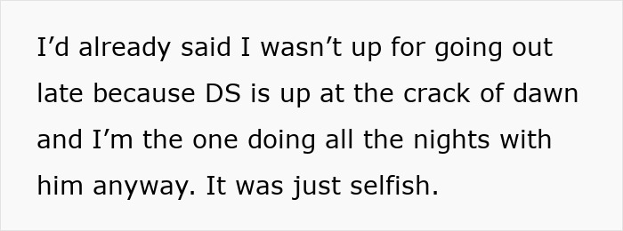 Text excerpt showing a tired mom expressing frustration over doing all night caregiving while dad is let down and useless.
