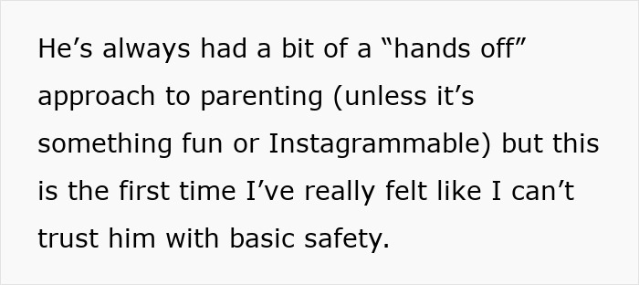 Text excerpt showing a tired mom describing a let down and hands-off approach of a useless dad in parenting.