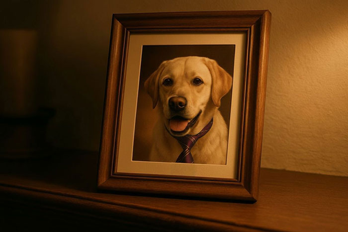 Framed photo of a dog wearing a tie, used as a playful gift in a man trolls sis kid&rsquo;s photos prank.
