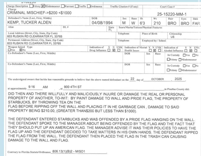 Florida man arrested for damaging property and removing a Pride flag during a tantrum at Starbucks.