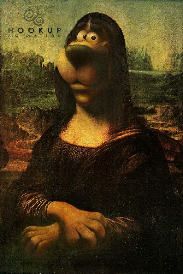 Parody of the Mona Lisa featuring a cartoon dog face in a clever advertising campaign using the iconic painting.
