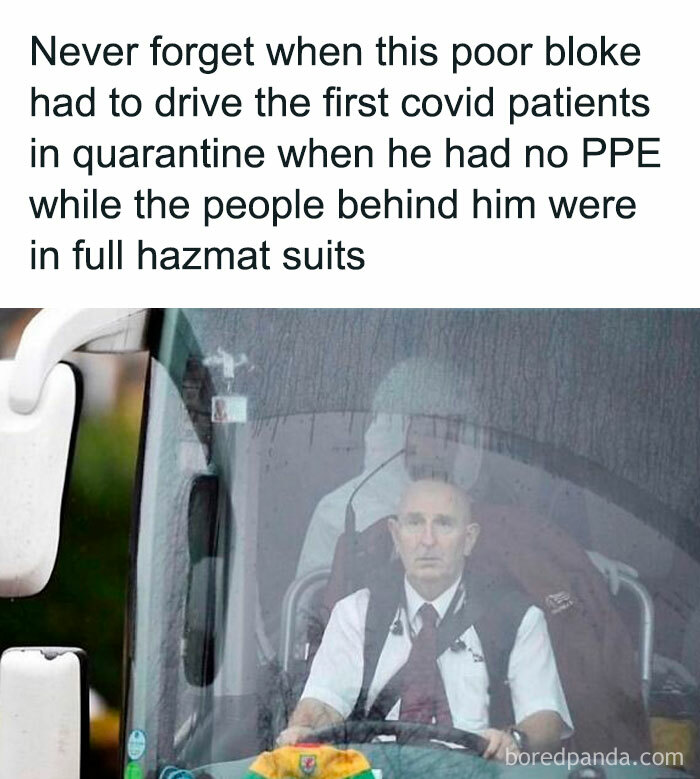 Driver of quarantine bus without PPE during early COVID, highlighting unapologetically British public service moments.