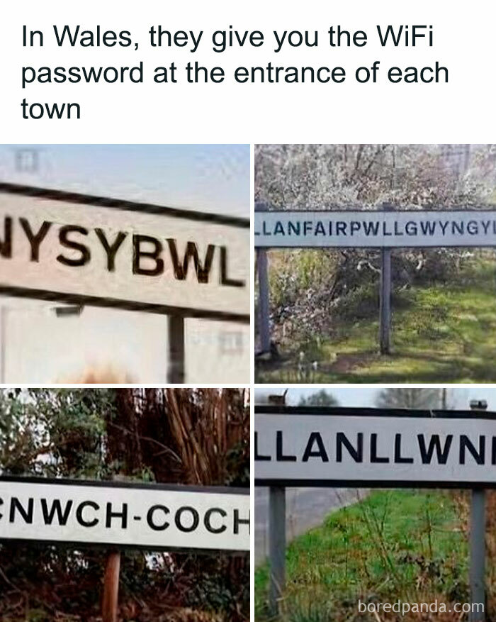 Road signs in Wales showing long and complex names, highlighting unapologetically British humor and culture memes.