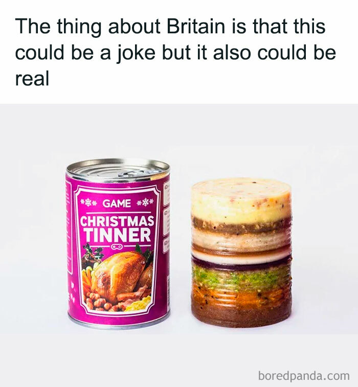 Christmas dinner tinner can and sliced layered Christmas food inside, showcasing unapologetically British humor and culture.