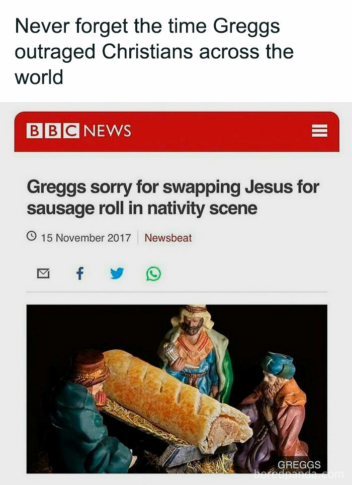 BBC News headline about Greggs swapping Jesus for a sausage roll in a nativity scene, a British meme post.