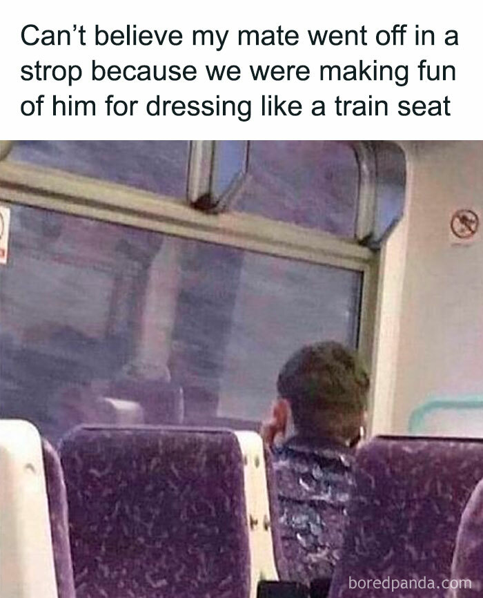 Man on a train with a seat cover patterned like a train seat, featured in unapologetically British memes and posts.
