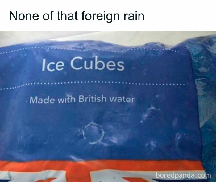 Ice cubes packaging labeled made with British water, humorously referencing unapologetically British memes and posts.