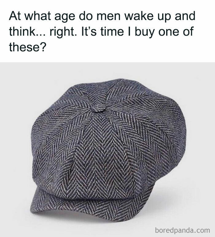 Flat cap on a plain background with a caption questioning the age men decide to buy one, relating to unapologetically British memes.