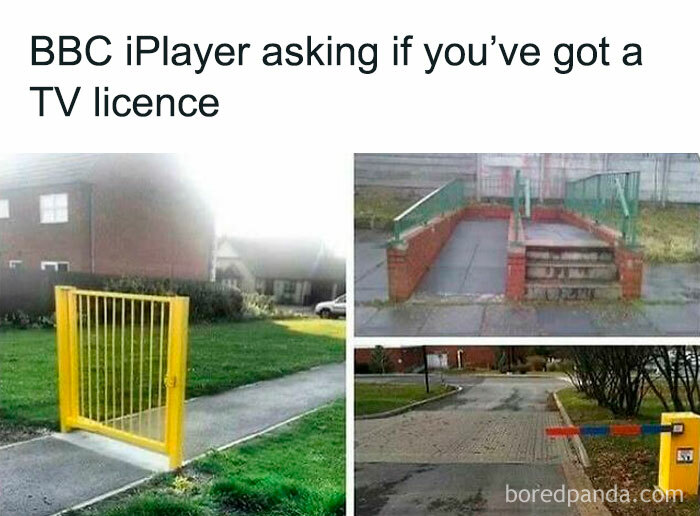 Humorous British memes showing unusual and impractical gates and barriers, highlighting unapologetically British quirks.