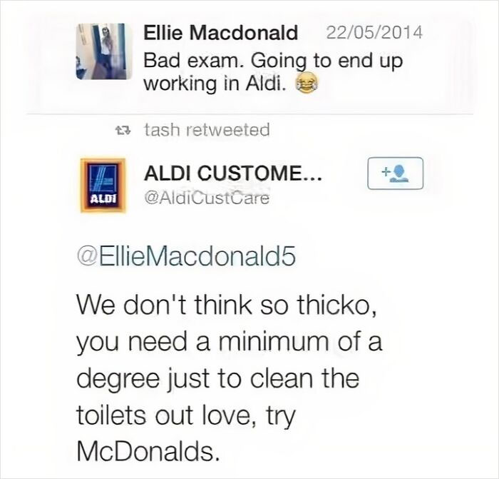 Tweet exchange showing unapologetically British humor with a witty Aldi customer response about jobs and degrees.
