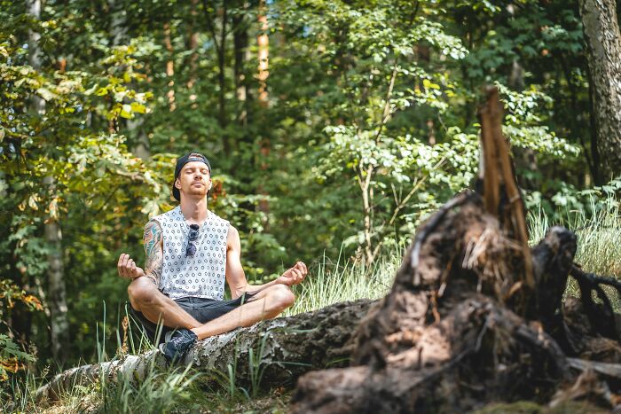 Young man meditating on a log in a forest, practicing mindfulness as part of unpopular opinions poll 4 lifestyle choices