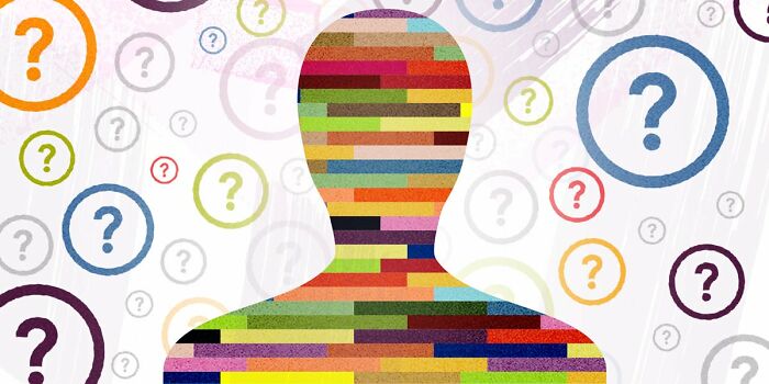 Silhouetted figure with colorful stripes surrounded by multicolored question marks representing unpopular opinions poll concepts.