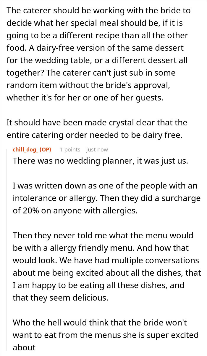 Text discussing wedding vendors mishandling bride's allergy, leading to no cupcakes and ingredient miscommunication.