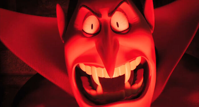 Animated vampire character with unfiltered and funny expression, capturing a humorous moment related to dementia patients.