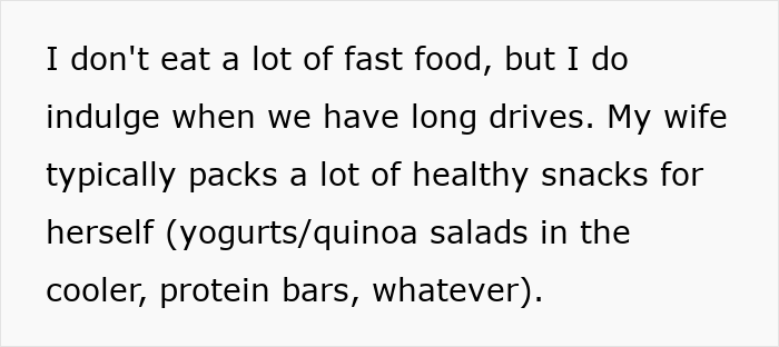 Text on a white background about indulging in fast food and wife packing healthy snacks like yogurts and quinoa salads. Text on a white background about indulging in fast food and wife packing healthy snacks like yogurts and quinoa salads.