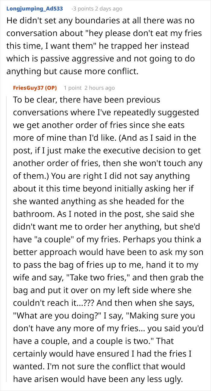 Reddit discussion about man filming wife secretly to prove she eats all his fries, sparking family drama and conflict. Reddit discussion about man filming wife secretly to prove she eats all his fries, sparking family drama and conflict.