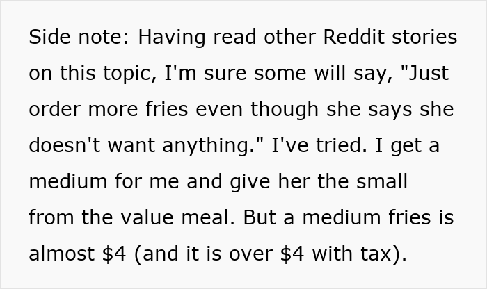 Text snippet from Reddit story discussing man filming wife secretly to prove she eats all his fries, causing family drama. Text snippet from Reddit story discussing man filming wife secretly to prove she eats all his fries, causing family drama.