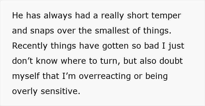 Text on a white background describing emotional cruelty from a husband with a short temper and growing relationship struggles.