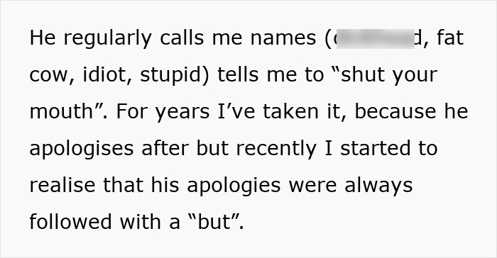 Text describing emotional cruelty and verbal a***e from a husband, highlighting ongoing mental strain and thought of leaving.