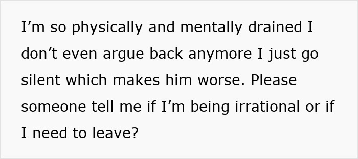 Text expressing feeling physically and mentally drained and questioning emotional cruelty in a marriage and the need to leave.