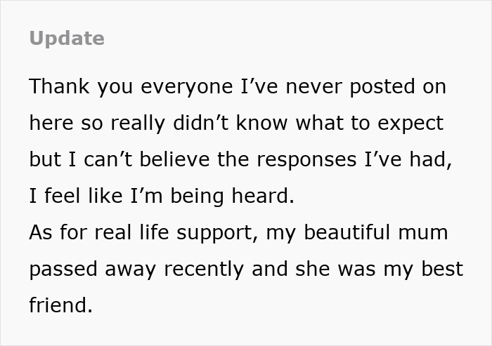 Update message about feeling heard and coping with emotional cruelty from husband and recent loss of mother.