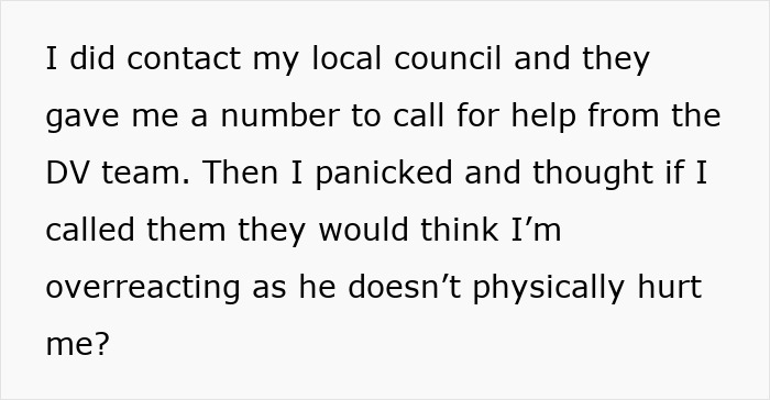 Text excerpt about contacting local council for help with emotional cruelty in a troubled marriage situation.