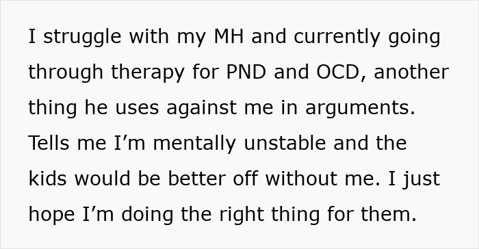 Text post about struggling with mental health and emotional cruelty from husband, wife considering leaving him for good.