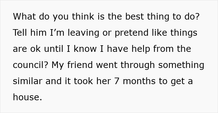 Text discussing emotional cruelty in a marriage and considering leaving for support from the council and finding a house.