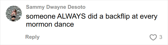 Screenshot of a social media comment mentioning Mormon backflip theory and backflips performed at Mormon dances.