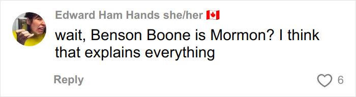 Comment mentioning Mormon and humor, related to the viral Mormon Backflip Theory trend among celebrities and common men.