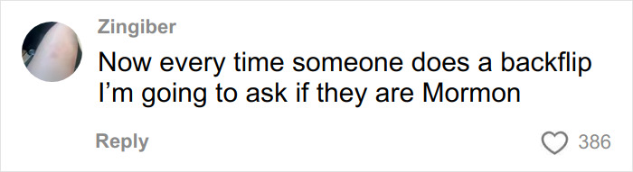Screenshot of a social media comment joking about the Mormon backflip theory linking backflips to Mormons.