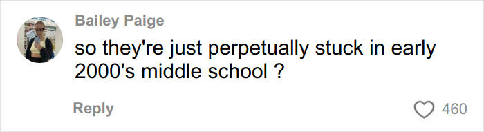 Comment by Bailey Paige questioning if people are stuck in early 2000's middle school, related to Mormon Backflip Theory trend.